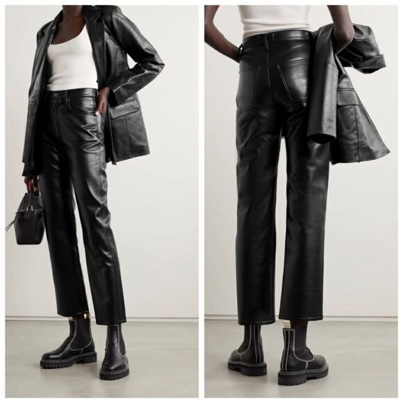 Agolde 90’s Leather Pinch Waist Black Pants Recycled Straight Leg Size 24 - Picture 1 of 13